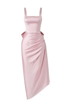 PINK ZURI SILK SATIN ASYMMETRIC EVENING DRESS | 21Six | CULT MIA Silk Bow Dress, Satin Dress Outfit Casual, Midi Satin Skirt Outfit, Dress Natal, Satin Dress Outfit, Simple Evening Dress, Satin Skirt Outfit, Pink Satin Dress, Pink Silk Dress