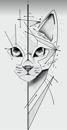 a black and white drawing of a cat's face with geometric lines on it