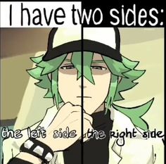 two side by side images of the same person with green hair, wearing black and white