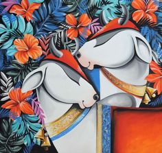 a painting of two white horses in front of flowers and leaves on a black background