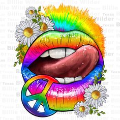 a rainbow colored lips with flowers and peace sign on the tongue, surrounded by daisies