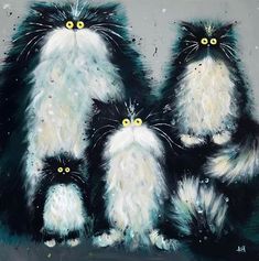 three black and white cats sitting next to each other on a gray background with yellow eyes