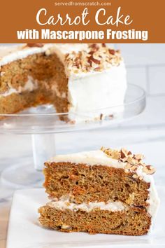 carrot cake with mascarpone frosting on a white plate next to a slice cut out