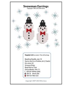 the snowman earrings pattern is shown in white and black with red bow tie on it