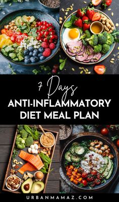 7 Days Anti-Inflammatory Diet Meal Plan Anti Bloat Meal Prep, Renew Diet Recipes, Anti Inflamation Meals, Anti Inflammation Vegan Diet, Anti Inflammation Whole 30, Easy Inflammation Diet Recipes, Natural Foods Diet, Antiflammatory Diet Recipes, 3 Day Reset Meal Plan