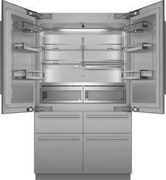 an empty stainless steel refrigerator with its doors open