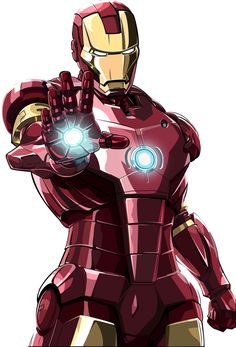 the iron man character is holding his hands out with glowing lights on it's chest