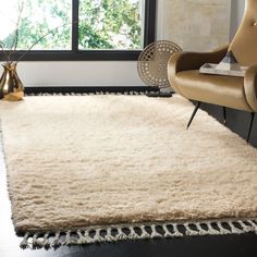 a living room with a chair, rug and window