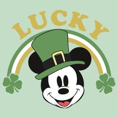 a mickey mouse with a green hat and clovers on it's head, that says lucky