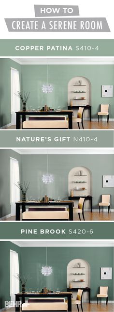 three different views of a room with green walls and furniture in the same color scheme