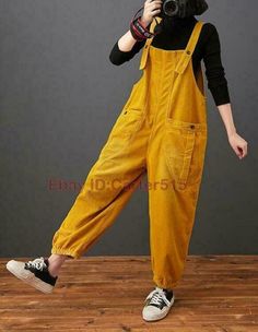 Unique Overalls, Overalls Character Design, Overalls Cute, Colorful Overalls Outfit, Adronymous Outfits, Loose Overalls Outfit, Sweater Over Jumpsuit, Baggy Cotton Overalls With Side Pockets, Yellow Overalls