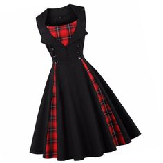 Contrast Plaid Tartan Sleeveless Collar Pin Up Dress. Flared Bottom And Fitted Bodice. Material Is Cotton Spandex. Special Order Delivery 7-21 Business Days Styles: Punk Goth Pinup Pin Up Holiday Party Christmas Gothic Festival Rockabilly Dresses Plaid Cocktail Dress, Plus Size Skater Dress, Club Dancing, Robes Vintage, Pin Up Dresses, Vintage Floral Dress, Rockabilly Dress, Black Women Fashion