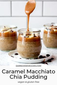 caramel macchiato chia seed pudding in glass jars with spoon