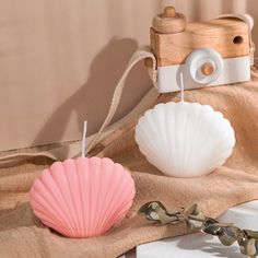 a pink scallop shell next to a white camera on a tan cloth with an olive sprig