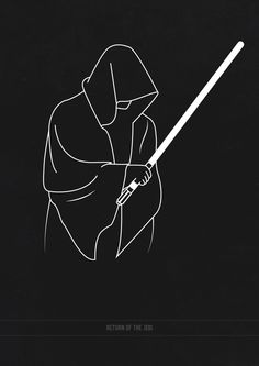 a black and white drawing of a person holding a light saber