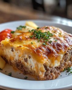 a white plate topped with lasagna covered in cheese and sauce next to a tomato