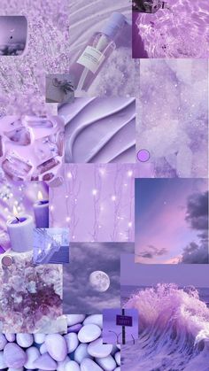 a collage of purple and white images with water, clouds, rocks, candles and other items