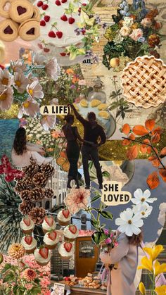 a collage of flowers, pies and people