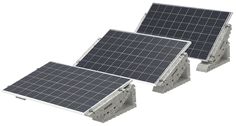 three solar panels sitting next to each other on top of cement blocks and one has a white background