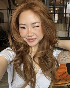 Gold Skin Tone Hair Color, Honey Milk Tea Brown Hair, Ginger On Asian Hair, Copper On Latina, Sparkling Amber Hair, Honey Brown Hair Tan Skin, Hair Colours For Asians, Ginger Hair On Olive Skin, Rusty Hair Color