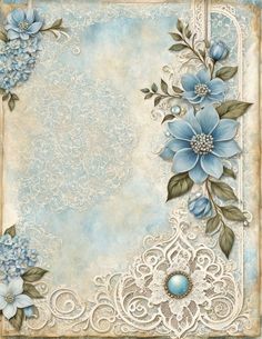 an old paper with blue flowers and leaves on the border is shown in this image