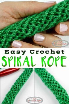 an easy crochet spiral rope is shown with the instructions for how to make it