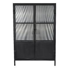 a black metal cabinet with glass doors