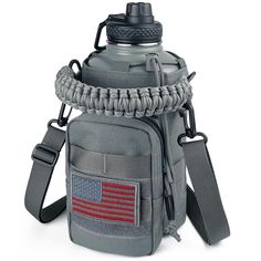 a gray bag with an american flag on the side and a lanyard attached to it