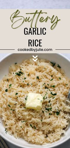 garlic rice in a white bowl with butter and parsley on top, text overlay