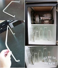 there are several pictures of kitchen utensils in the cabinet