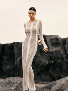 Details Composition: 70% Polyester, 30% Acrylic Design: Jacquard Style: Casual Thickness: Regular Sheer: No Material: Knit Occasion: Leisure, Work Size & Fit Dresses Length: Maxi Stretch: High Stretch Fit Type: Regular Fit Cm Inch Size Length Waist Bust Sleeve Shoulder S 147 62 76 70 35 M 148.5 66 80 71 36 L 150 70 84 72 37 S 57.9 24.4 29.9 27.6 13.8 M 58.5 26 31.5 28 14.2 L 59.1 27.6 33.1 28.3 14.6 Care Instructions Hand wash cold with like colors Do not bleach Flat dry Iron at a maximum of 110°C/230°F Do not dryclean Elegant Crochet Knit Maxi Dress, Chic Long Striped Dress, Spring Jacquard Knit Dress, Striped Fitted Maxi Dress For Fall, Beige Pointelle Knit Dress For Fall, Fitted Striped Knit Dress, Beige Pointelle Knit Fall Dress, Chic Striped Knit Dresses, Spring Fitted Knitted Maxi Dress