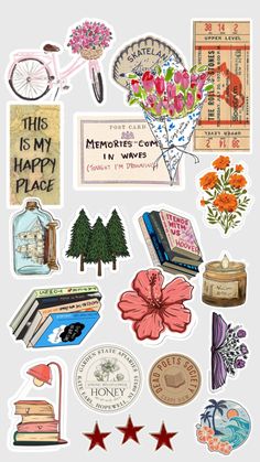 various stickers that include flowers and books