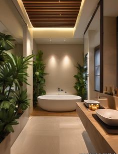 a bathroom with a large bathtub next to two sinks and plants on the wall