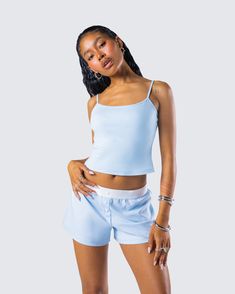 A little downtime is needed sometimes 💅 Look your best even on your casual days in this two-piece set featuring a blue cami tank top and a pair of blue boy shorts 💙 Timeless Closet, Blue Cami, Blue Boy, Black Off Shoulder, Closet Essentials, White Jersey, Cargo Pant, Look Your Best, Tank Top Cami