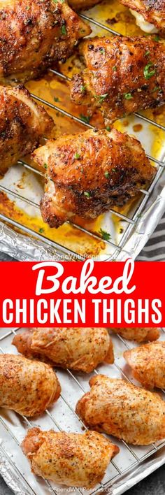 baked chicken thighs on a baking sheet with text overlay