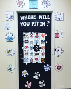 a door decorated with puzzle pieces and the words where will you fit in?