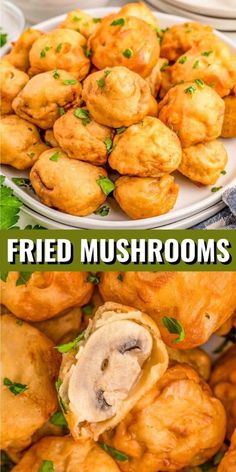 fried mushrooms on a white plate with parsley in the middle and an image of cooked mushrooms