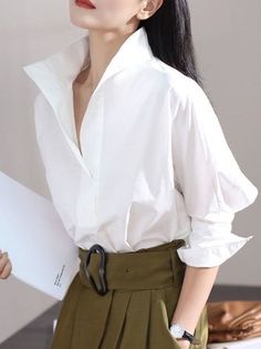 Solid Color Cotton Top For Office, Shirt Collar Pattern, Urban Shirt, Style Parisienne, Loose Blouse, Collar Blouse, Shirt Collar, Lapel Collar, Three Quarter Sleeves