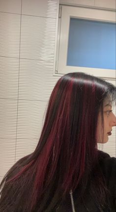 alt red hair, alt hair, alt black hair, red hair, black hair, alt red highlights, red highlights, alt Red Hair Streaks, Red Hair With Highlights, Black Red Hair, Wine Red Hair, Hair Color Underneath, Red Hair Inspo