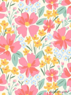 a flower pattern with pink, yellow and blue flowers