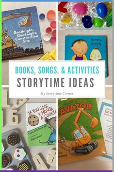 books, songs, and activities for storytime ideas are featured in this postcard