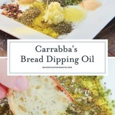 the process of making bread dipping oil is shown in three different pictures, including one being