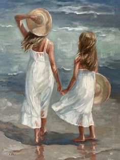 Paintings For Sister, Sister Paintings, Sisters Painting, Monika Luniak, Umbrella Painting, Ballerina Painting, Beach Art Painting, Coastal Artwork, Christmas Paintings On Canvas