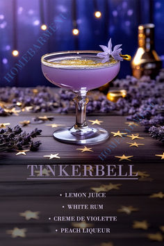 Step into a whimsical world of enchantment with the Tinkerbell cocktail, a delightful drink that balances elegance and playfulness. Featuring a harmonious blend of white rum, peach liqueur, crème de violette, and lemon juice, this cocktail offers a magical mix of floral, fruity, and citrusy notes. Its captivating light purple hue and refreshing taste make it perfect for themed gatherings or dreamy evenings. Let the Tinkerbell cocktail sprinkle fairy dust on your next celebration, leaving everyone spellbound by its charm!