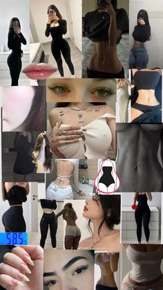 the collage shows many different images of women in black clothing and white bra tops