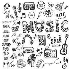 the word music surrounded by doodled musical instruments and other things in black and white