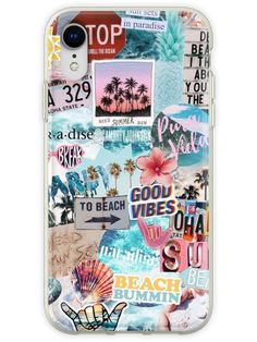 a phone case with various stickers on the back of it, including palm trees and beach