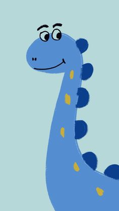 a drawing of a blue dinosaur with yellow spots on it's head and neck