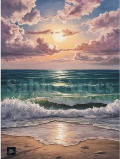 a painting of the sun setting over the ocean with waves crashing in front of it