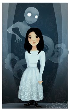 a woman in a white dress standing next to an alien